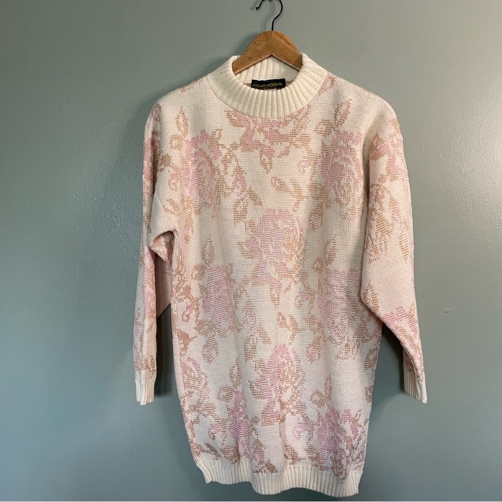 Vintage Spago Knits Made in the USA Cream/Pink Knit Pullover Sweater size L/XL